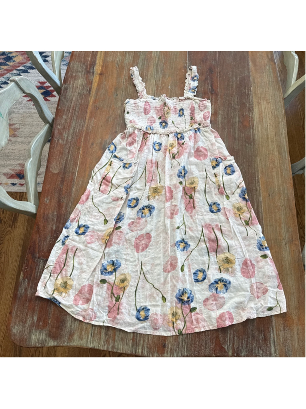 Promesa Floral Smocked Midi Dress S Pockets Ruffle Strap Cottagecore Boho